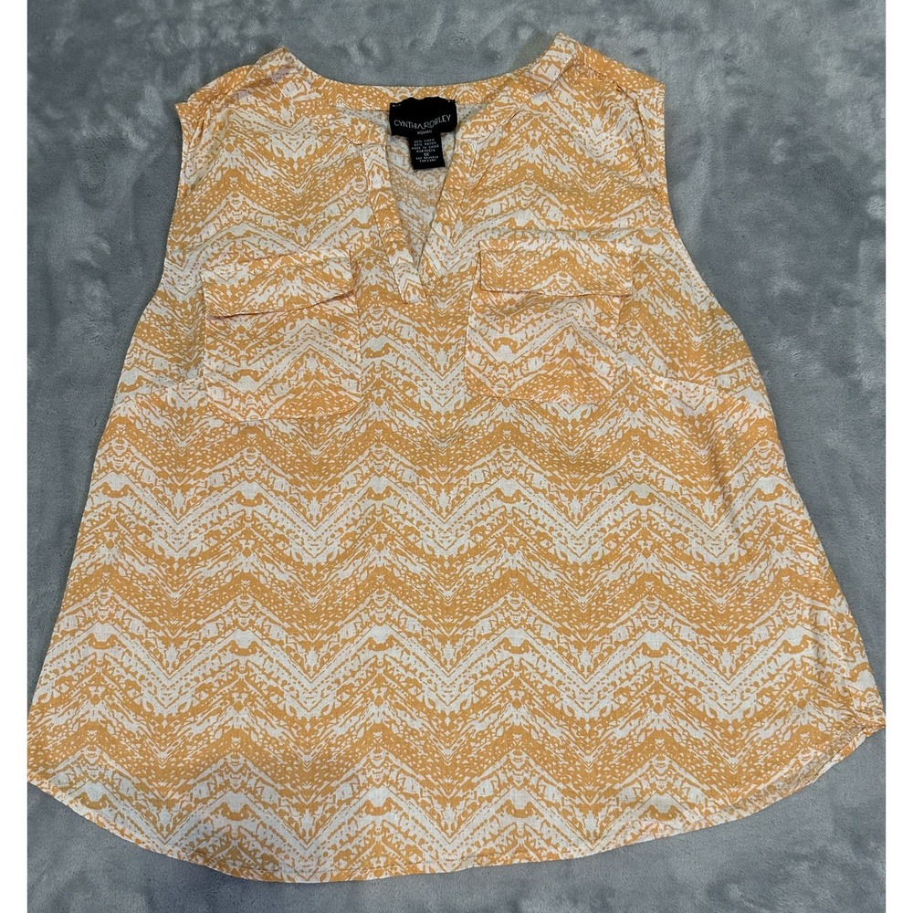 Cynthia Rowley Top Womens 1X Linen Rayon Sleeveless Chevron‎ Blouse Top Plus
